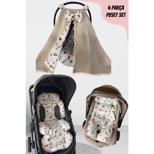 Jaju Baby Handmade, Muslin Fabric Fox Model 4-Piece Stroller Set (With Handle)