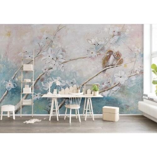 Customize any size retro small fresh love birds flowers branches oil painting TV background wallpaper home decoration wallpap