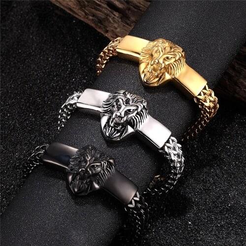 MKENDN Punk Stainless Steel Gold Lion Charm Link Chain Biker Bracelet Men Mesh Chain Bangle Male Hip-Hop Jewelry Accessories