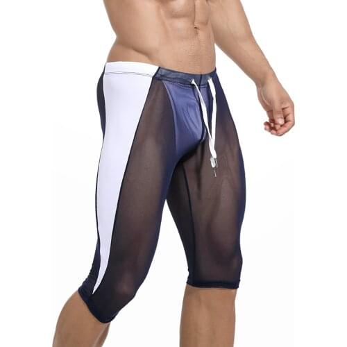 Mens Sleep Bottoms Sexy Mesh Transparent Sheer Shorts Pants Leggings Trunks Fitness Tights Bikers Long Boxer Shorts Underwear