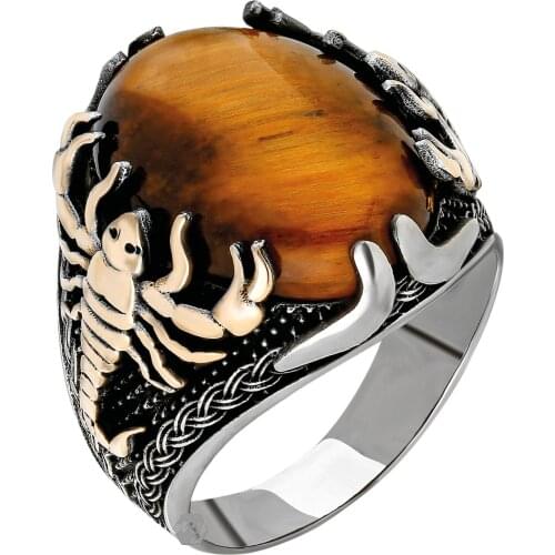 Solid 925 Sterling Silver Tiger Eye Stone Scorpion Figure Men Ring