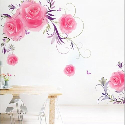 Romantic 3D Pink Rose Flower Wall Stickers Living Room TV Backdrop Decoration Home Decal Aesthetic Art Wallpaper