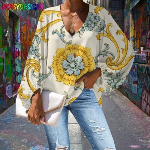 NOISYDESIGNS Luxury Large Size 3D Sunflower Print Design Women Blouse 2021 Casual Loose Long Sleeve Tops V-neck Shirts Female