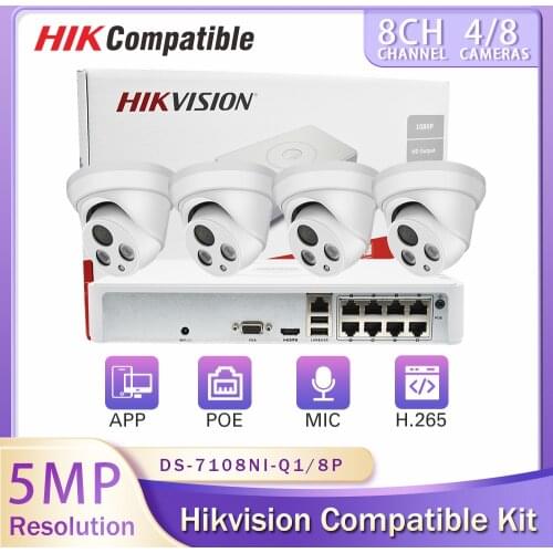 Hikvision Compatible Kit CCTV 5MP 8CH POE NVR DS-7108NI-Q1/8P Home Security System Outdoor Mic Motion Detect Video Surveillance