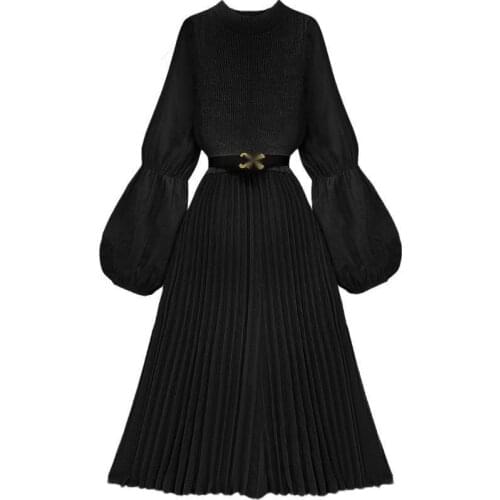 TVVOVVIN Women Dress Lantern Sleeve Knitting Sweater Dresses Women Long Sleeve Black Vintage Sexy Long Autumn Winter Dresses M0X