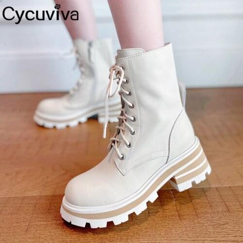 2021 Square Heel Ankle Boots For Women White Leather Lace Up Martain Boots Woman Platform Motorcycle Boots Cowboy Booties Brand