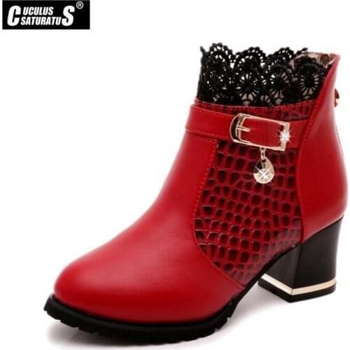 Cuculus Autumn Winter New Lace Fashion High Heels Women Shoes Woman Boots Ankle Casual Ladies Boot Metal Rhinestone Red 1037