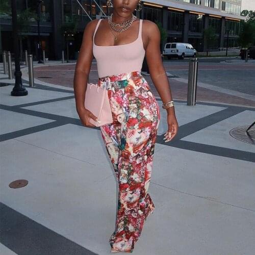 Women Wide Leg Pants High Street High Waist Plant Floral Printed Fashion Casual Chic Sweet Trousers 2021 Summer