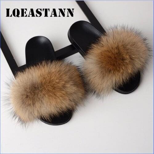 2020 Spring And Autumn Ladies Fur Slippers New Home Wear Fox Fur One-Line Ladies Casual Slippers Fluffy Plush Flat Women Sandals