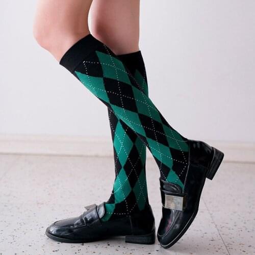Dreamlikelin Women Autumn Cotton Knee High Socks Preppy Style Vintage Contrast Color Argyle Plaid Print Student Stockings