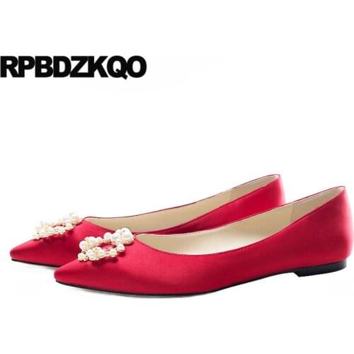 Pearl Wedding Chinese Flats Silk 2021 Women Ladies Pointed Toe Large Size Slip On Satin Red Designer Shoes China High Quality