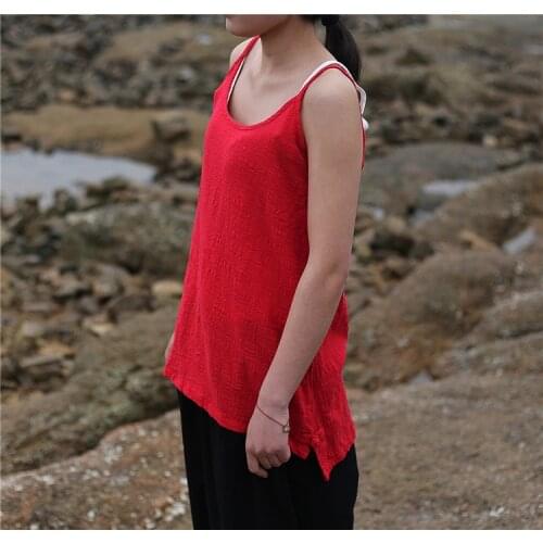 Women Retro Bamboo Cotton Linen Spaghetti Strap Tops Camis Ladies Sleeveless Tops Solid Color Vintage Tanks
