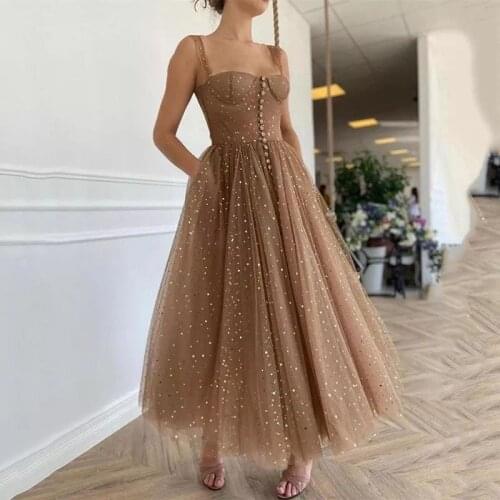Champagne Sweetheart A Line Formal Party Dress Long Evening Gown Glitter Sparkly Dot Tulle Homecoming Dress Vestidos fiesta