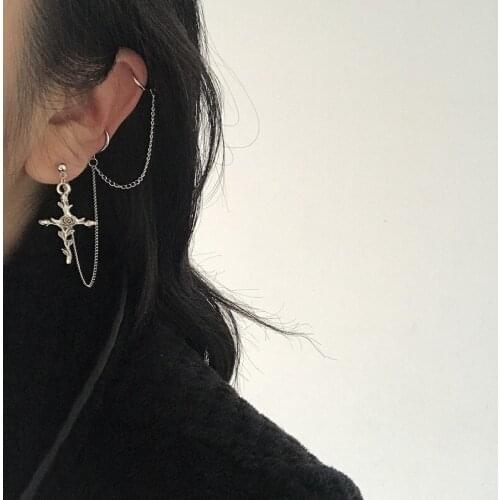 1 PC Vintage Punk Cross Pendant Stud Earrings Trendy Ear Bone Chain Clip for Women Jewelry