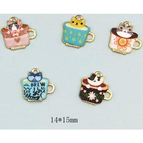 10pcs/pack Mini Cup Cat Enamel Charms Drop Oil Metal Pendants Jewelry Earring Bracelets DIY Pendant Jewelry Making Golden Base