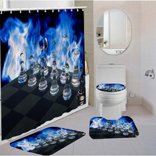 3/4 Pieces Chess/Poker/Chips/Skull Shower Curtains Sets Entertainment Carpet For Gift Toilet Mat 3D Print Bathroom Non-slip Set