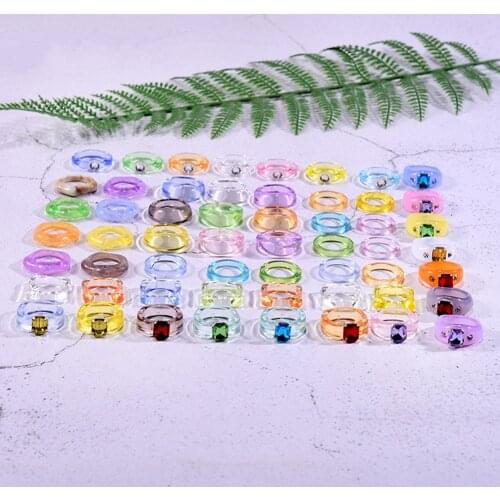 5Pieces/Lot New Trendy Transparent Resin Acrylic Rhinestone Colourful Geometric Square Round Rings Set for Women Jewelry Gifts