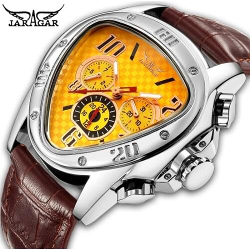 Luxury Brand Jaragar Mens Watch Geometric Triangle Design Automatic Mechanical Watches Fashion Casual Leather Wristband Clock