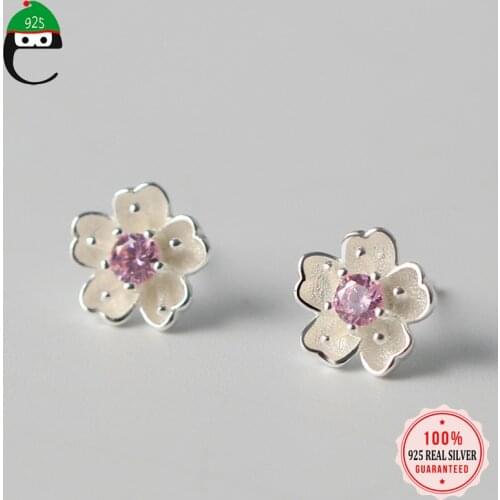 ElfoPlataSi 100% 925 Solid Sterling Silver Fashion 9mmX9mm Flower With Pink CZ Stud Earring For Teen Girl Kid Lady XY1018