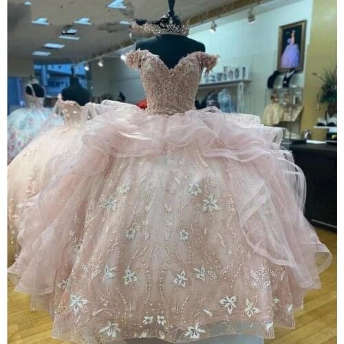 Custom Made Light Pink Princess Quinceanera Dress Off Shoulder Appliques Sequins Flowers Party Sweet 16 Gown Vestidos De 15 Años