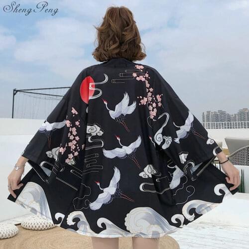 Japanese Yukata Kimono Summer 2020 Top Japan Red-Crowned Crane Haori Kimono Japones Harajuku Kimono Boho Yukata Women V1866