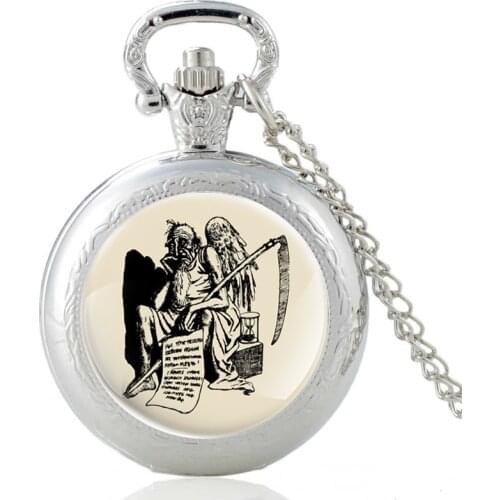 Classic Father Time Devil Angel Silver Vintage Quartz Pocket Watch Men Women Glass Dome Charm Pendant Necklace Hours Clock Gifts