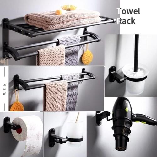 Matte Black Bathroom Accessories Towel Rack Space Aluminum Bath Hardware Set Toilet Brush Holder Wall Mounted Towel Ring