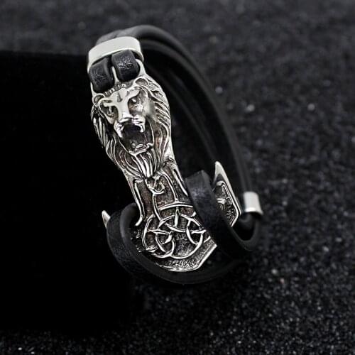 Men Bracelets Leo Stainless Steel Anchor Shackles Multistory cowhide Rope Chain Black Leather Bracelet Men Wristband Jewelry