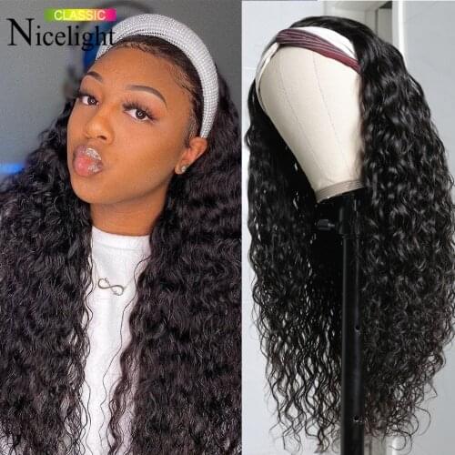 Nicelight Indian Hair Water Wave Headband Wig Pre-Attached Scarf Machine Made Wig For Women Curly Headbadn Scarf Wig No Glue