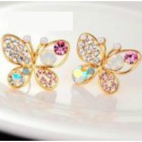 The new Korean luxury shiny hollow cystal simulation pearl 18KGP butterfly earrings jewelry wholesale