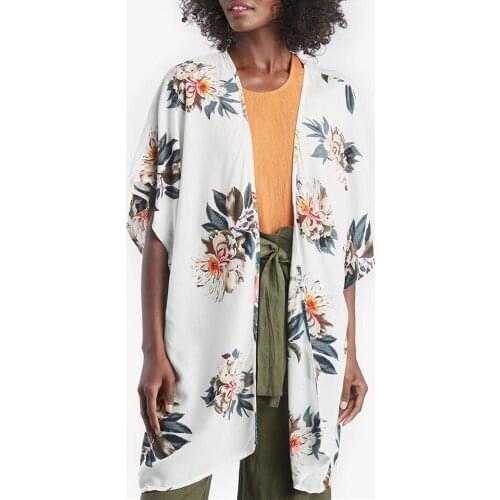 Hitmebox 2019 New Floral Print Short Sleeve Chiffon Casual Open Front Cardigan Medium Long Summer Kimono preto Loose Blouse Tops