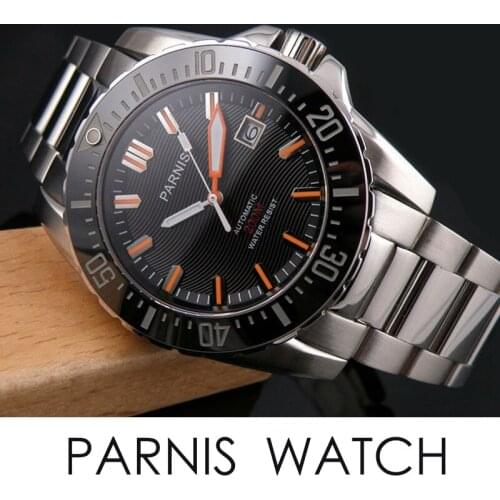 Parnis 44mm Stainless steel case black dial Automatic Diver Watch Waterproof 200m Metal Mechanical Mens Watches Sapphire Glass