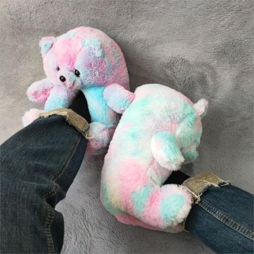 Plush Teddy Bear Cute Rainbow Cartoon Bear Indoor Slippers Non-Slip Mute Bedroom Office Soft Warm Winter Autumn Thick Hot Sale