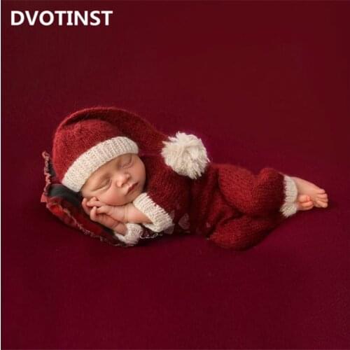 Dvotinst Newborn Baby Boys Photography Props Soft Knit Christmas Outfits Bonnet Santa Claus Clothes Fotografia Studio Photo Prop