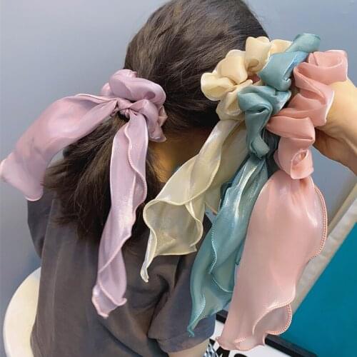 New Solid Color Bright Silk Streamer Hair Ring Sweet Cute Long Rabbit Ears Elastic Hair Bundle Hair Woman