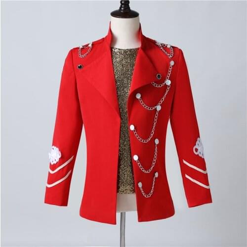S-4XL Male Red Court Coat with Chain Personality Slim Stage Costume Singer Bar Nightclub Wear Vintage Jacket
