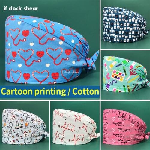 Print Pet Grooming Clinic Doctor Scrub Hats Beautician Accessories Adjustable Medical Work Caps with Sweat-absorbent Scrubs Caps