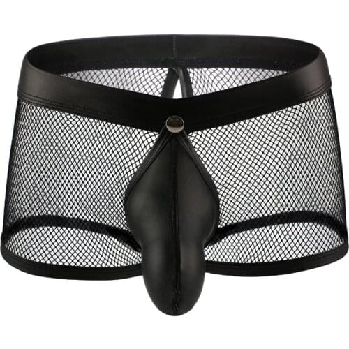 Sexy Lingerie Men Mesh Leather Penis Sheath Briefs Open Crotch Butt Sissy Gay Boxer Shorts Panties Underwear Fetish Underpants