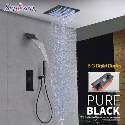 Senlesen Matte Black Shower Faucet 16 inch LED Shower Head Brass Concealed Hand Shower Waterfall Tub Para Bathroom Shower Set
