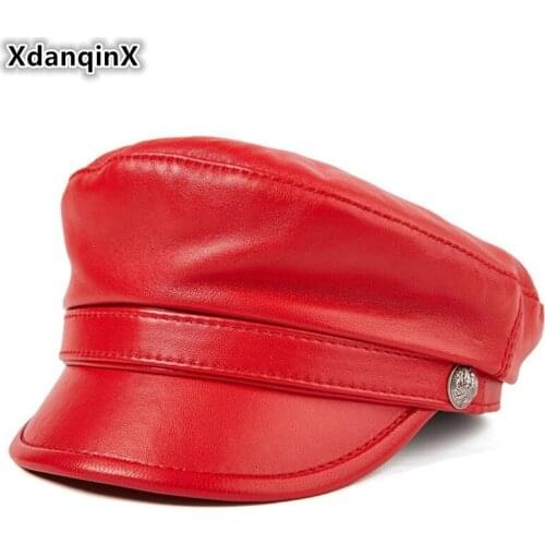 XdanqinX Genuine Leather Hat Autumn Womens Caps Cowhide Sheepskin Army Military Hats For Men Women Fashion Brands Flat Cap New