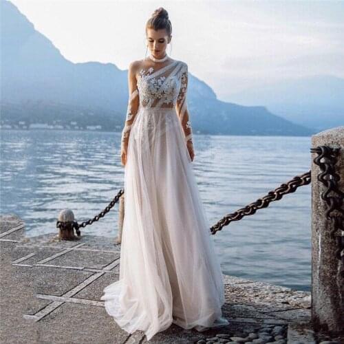 One Shoulder Wedding Dresses Asymmetry Lace Applique Nude Boho Style Beach Long Sleeves Bridal Gowns Vestido De Fiesta De Boda