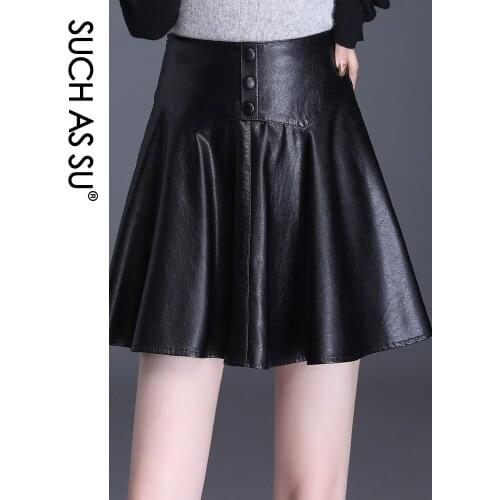 SUCH AS SU Skirt Women 2020 Autumn Winter PU Leather High Waist Ladies Black Button Pleated S-XXXL Plus Size Female Mini Skirt