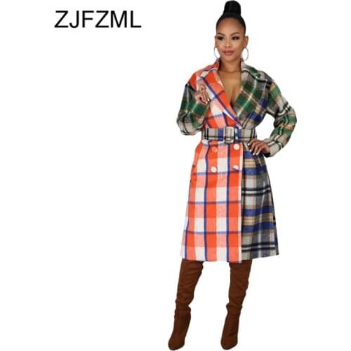 Double Breasted Plaid Patchwork Maxi Jacket for Women Turn Down Collar Long Sleeve Slim Fit Coat Vintage Autumn Sashes Outerwear