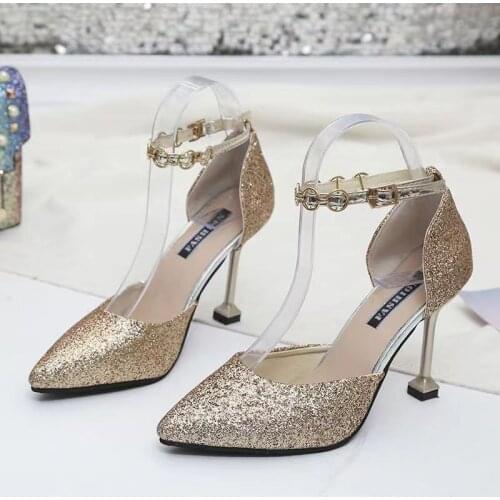 2021 New One-word Buckle High Heels Female Stiletto Pointed Sequin Fashion Single Shoes Small Fresh Cat Heel Comfortable Sandals