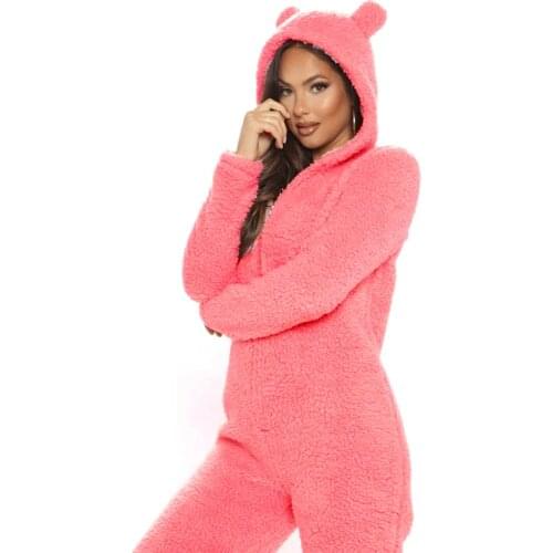 Autumn Winter Women Velvet Fleece Jumpsuits One Piece Outfit Women Hooded Romper With Zipper Winter Cute Warm Plush Pajamas