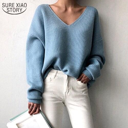 Womens Knitwear 2021 Winter Clothes Women Korean V Neck Loose Simple Irregular Hem Pullover Bottoming Sweater 10526