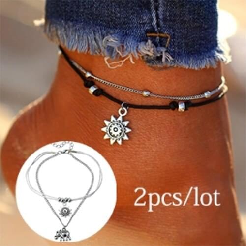 2 pcs/lot Vintage Boho Multi Layer Beads Anklets For Women Fashion Sun Pendent Anklet Handmade Chain Foot Party Jewelry
