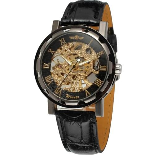 WINNER WATCH golden Surface Roman Numerals dial black leather strap mens mechanical watch