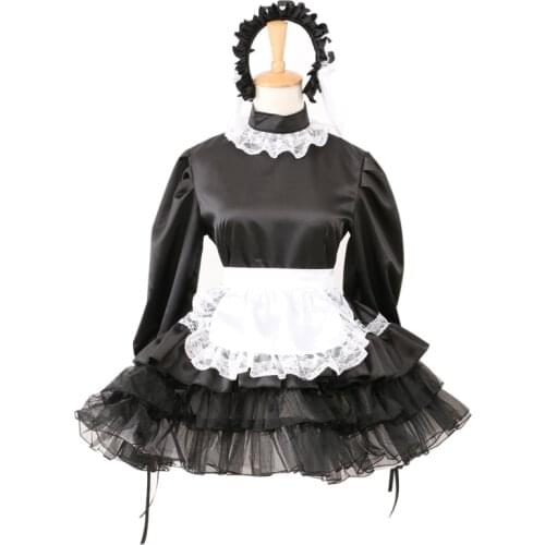 Sissy Black Satin Maid Dress lockable French Uniform Costume Foe Men Women