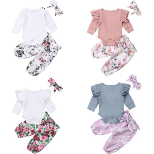 Citgeett Autumn Newborn Baby Girl Solid Romper Tops Floral Pants Headband Outfits Clothes Fall Spring Set